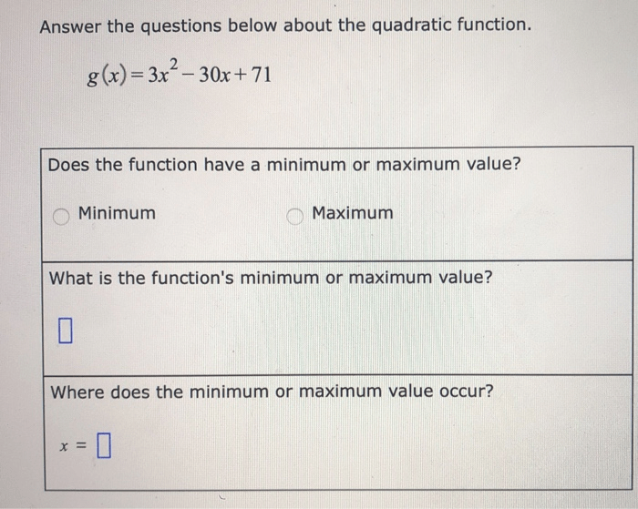 Answer the questions below about the quadratic function